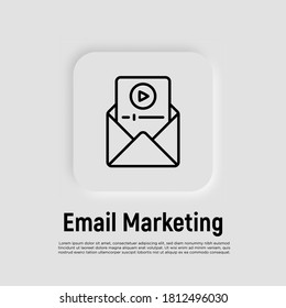 E-mail marketing thin line icon. Envelope with video and play button. Advertising. Vector illustration.