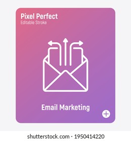 E-mail marketing thin line icon. Envelope with arrows. Advertising. Pixel perfect, editable stroke. Vector illustration.