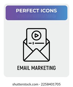 E-mail marketing thin line icon. Envelope with video and play button. Advertising. Vector illustration.