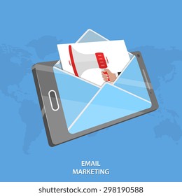 Email marketing vector conceptual illustration. Letter image of hand and megaphone appears from envelope that looks like smartphone.