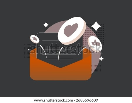 Email marketing vector icon bursts with engagement rewards from orange envelope. E-mail campaign illustration with likes, hearts, coins and stars for customer loyalty success, newsletter subscription