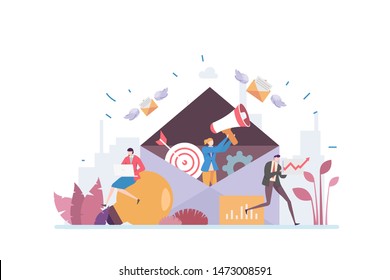 Email Marketing Vector Illustration Concept Showing internet marketer preparing to launch digital campaign, Suitable for landing page, ui, web, App intro card, editorial, flyer, and banner.