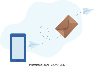 Email marketing vector illustration concept. Closed envelope and paper planes flying from the phone.