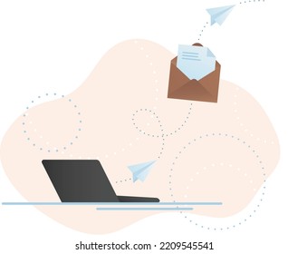 Concepto de ilustración vectorial de email marketing. Sobre abierto con letras y planos de papel volando desde el portátil.