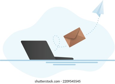 Email marketing vector illustration concept. Closed envelope and paper plane flying from the laptop.