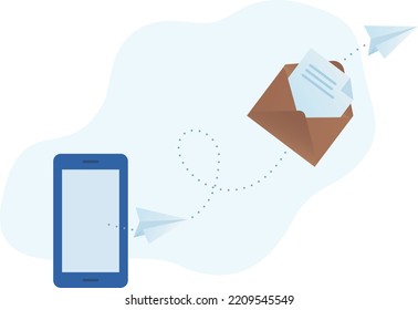 Email marketing vector illustration concept. Opened envelope with letter and paper planes flying from the phone.