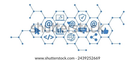 Email marketing vector illustration. Concept with connected icons related to e-mail communication strategy, e mail marketing software or tool, electronic communication or newsletter.
