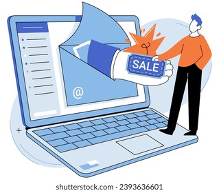 Ilustración vectorial de email marketing. Redactar mensajes persuasivos es crucial para impulsar el compromiso y las conversiones en el marketing de correo electrónico El ciberespacio sirve como un vasto mercado virtual donde el correo electrónico