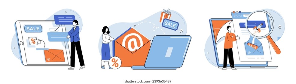 Email marketing vector illustration. Developing comprehensive strategy is essential for success email marketing initiatives Social media integration enhances reach and impact email marketing campaigns
