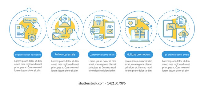 Email marketing vector infographic template. Mailing. Business presentation design elements. Data visualization with five steps and options. Process timeline chart. Workflow layout with linear icons