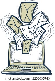 Email marketing vector, online remote laptop home working. Corporate communication, clients feedback, promotion strategi with digital post advertisement. Mailing letter list media business. Hand drawn