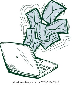 Vector de email marketing, portátil remoto en línea funcionando. Comunicación corporativa, comentarios de los clientes, estrategias de promoción con publicidad post digital. Listas de correo electrónico de negocios de medios. Dibujo de mano