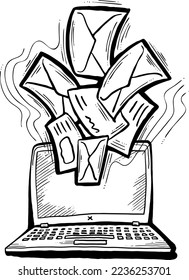 Vector de email marketing, portátil remoto en línea funcionando. Comunicación corporativa, comentarios de los clientes, estrategias de promoción con publicidad post digital. Listas de correo electrónico de negocios de medios. Dibujo de mano