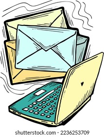 Email marketing vector, online remote laptop home working. Corporate communication, clients feedback, promotion strategi with digital post advertisement. Mailing letter list media business. Hand drawn