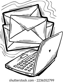 Email marketing vector, online remote laptop home working. Corporate communication, clients feedback, promotion strategi with digital post advertisement. Mailing letter list media business. Hand drawn