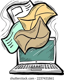 E-Mail-Marketing-Vektorgrafik, Online-Remote-Notebook-Heimat funktioniert. Unternehmenskommunikation, Kundenfeedback, Werbestrategien mit digitaler Postwerbung. Mailing-Brief-Liste Mediengeschäft. handgezeichnet