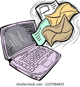 Email marketing vector, online remote laptop home working. Corporate communication, clients feedback, promotion strategi with digital post advertisement. Mailing letter list media business. Hand drawn