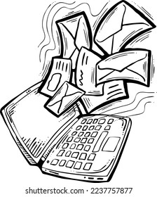 Vector de email marketing, portátil remoto en línea funcionando. Comunicación corporativa, comentarios de los clientes, estrategias de promoción con publicidad post digital. Listas de correo electrónico de negocios de medios. Dibujo de mano