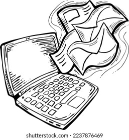 Email marketing vector, online remote laptop home working. Corporate communication, clients feedback, promotion strategi with digital post advertisement. Mailing letter list media business. Hand drawn