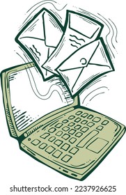Email marketing vector, online remote laptop home working. Corporate communication, clients feedback, promotion strategi with digital post advertisement. Mailing letter list media business. Hand drawn