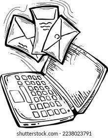 Vector de email marketing, portátil remoto en línea funcionando. Comunicación corporativa, comentarios de los clientes, estrategias de promoción con publicidad post digital. Listas de correo electrónico de negocios de medios. Dibujo de mano