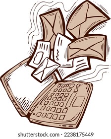 Email marketing vector, online remote laptop home working. Corporate communication, clients feedback, promotion strategi with digital post advertisement. Mailing letter list media business. Hand drawn