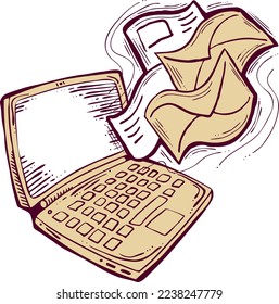 Vector de email marketing, portátil remoto en línea funcionando. Comunicación corporativa, comentarios de los clientes, estrategias de promoción con publicidad post digital. Listas de correo electrónico de negocios de medios. Dibujo de mano