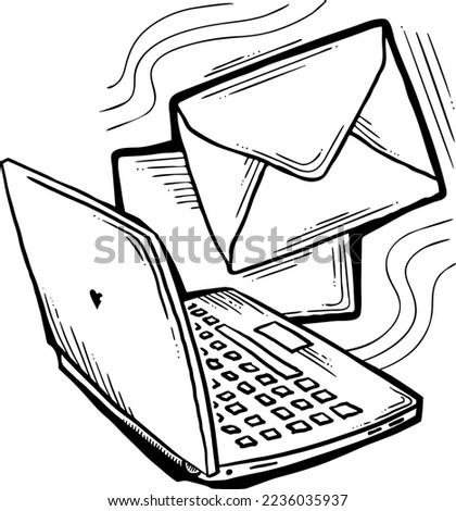 Email marketing vector, online remote laptop home working. Corporate communication, clients feedback, promotion strategi with digital post advertisement. Mailing letter list media business. Hand drawn