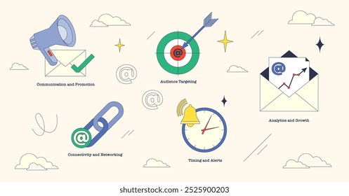 Email marketing visual con megáfono, target y sobre. Neubrutalismo estilo colección