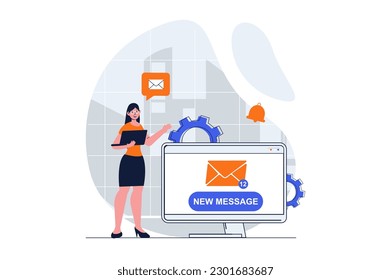 Concepto web de email marketing con escena de caracteres. Mujer que recibe notificaciones de nuevos correos publicitarios. La gente se encuentra en un diseño plano. Ilustración vectorial para material de marketing en medios sociales.