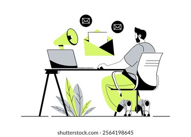 Email marketing web concept with flat cartoon people for website design. Man sending information letters to clients, receiving promo newsletters with online business promotion. Vector illustration.