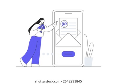 Email Marketing. Woman Character Using Online Postbox and Sending Advertising Mails. Envelope and Reading Letters. Flat Cartoon Vector Illustration, icon. Stylish abstract design landing page