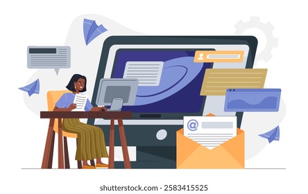 Email marketing woman. Young girl at computer sending electronic mails. Internet promotion, advertising and marketing. Corporate correspondence on Internet. Flat vector illustration