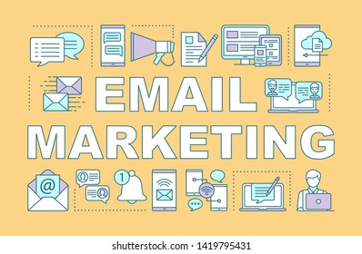 Email marketing word concepts banner. Digital marketing tactic. Business strategy. Presentation, website. Isolated lettering typography idea with linear icons. Vector outline illustration