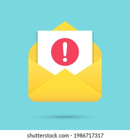 Email message with attention icon in a flat design