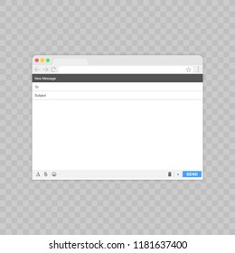 Email message Blank window of E-mail, template. E-mail blank template internet mail frame interface for mail message. User interface web panel send. Vector illustration.