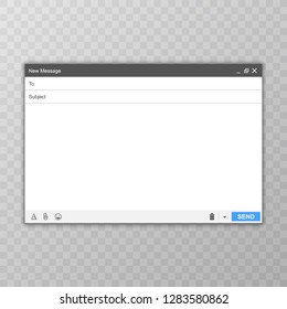 Email message Blank window of E-mail, template. E-mail blank template internet mail frame interface for mail message. User interface web panel send. Vector illustration.