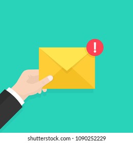 Email message concept. New, incoming message, sms. Hand holding envelope, letter. Delivery of messages Vector illustration
