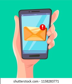 Email message concept. New, incoming message, sms. Hand holding phone, letter. Delivery of messages, sms. Incoming post or notice. Vector illustration.