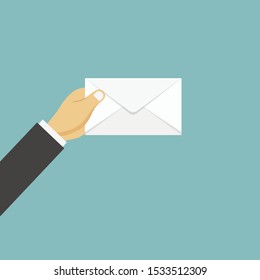 Email message concept. New, incoming message, sms. Hand holding envelope, letter. Delivery of messages, sms. Mail notification sending messages