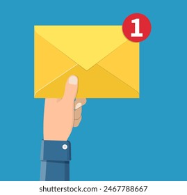 Email message concept. New, incoming message, sms. Hand holding envelope, letter. Delivery of messages, sms. Mail notification sending messages Coming messages