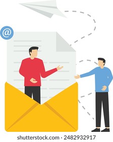 email message concept, new incoming sms, big man comes out of the envelope and tells message, mail notification delivery vector, flat vector illustration on white background.