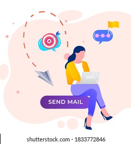 Email message concept. Woman communicates online using computer and internet technologies. Office worker sends an email and receives a response. Chatting using the laptop vector illustration