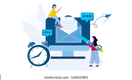 E-mail message, development mail service concept. Woman write new message in computer and put into the envelope. For banner, website, landing page, vector illustration.