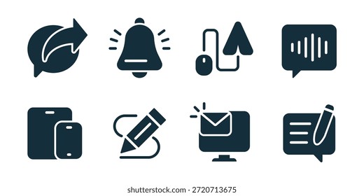 Email and message excellent icon collection. Reply arrow, notification bell, upload file, voice message, chat bubble, device sync, text edit, inbox message