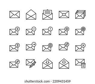 Email message flat line icons set. Contains such icons Post letter, envelope, note, mail. Simple flat vector illustration for web site or mobile app.