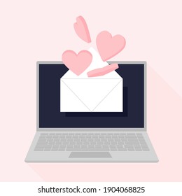 Email message with hearts inside on laptop design. Vector illustration modern style 