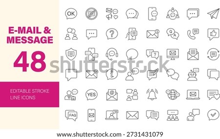 Email and Message icon set. Containing e-mail, mail, chat, speech, bubble, talk, conversation, dialogue, contact, communication, support, speaking, letter and more. Editable line icons. Vector illustration.