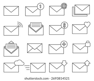 Email and Message Icon Set – Envelope, Inbox, Notification, and Send Symbols in Flat and Outline Vector Design