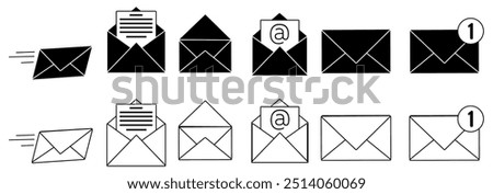 Email message icon set. Email, mail and letter envelope icon. Containing send, receive, read, inbox symbol and buttons for app and website. Vector illustration